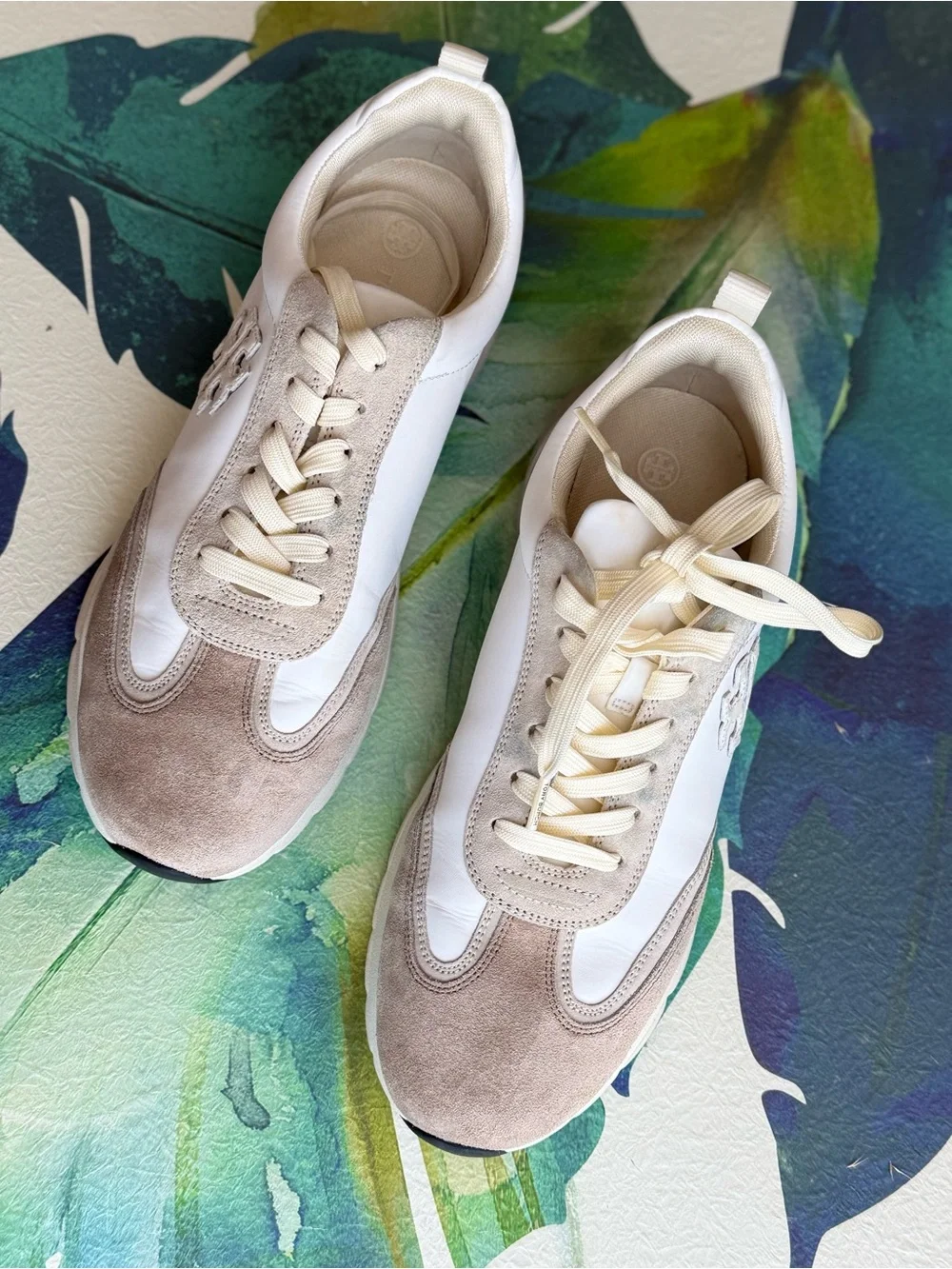 Tory Burch Cream & Taupe Suede Leather Platform Sneakers